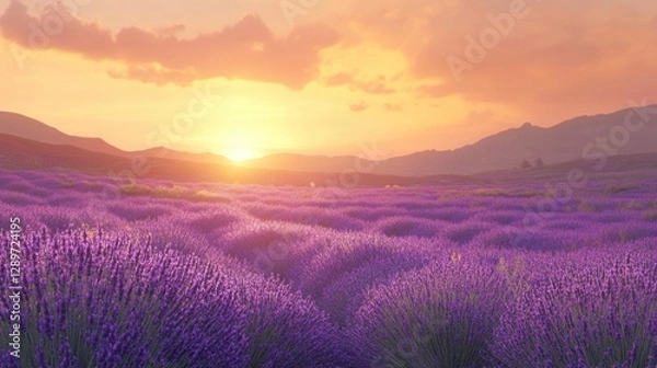Fototapeta Serene Lavender Fields at Sunset with Vibrant Colors and Dramatic Sky