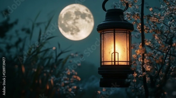 Fototapeta A warm, gentle lantern light glows under a full moon, casting a peaceful ambiance amidst blooming flowers and whispering grasses, creating a serene nightscape.