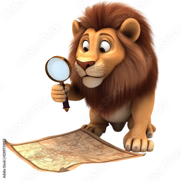 Fototapeta A Curious 3D Cartoon Lion Examining a Treasure Map Isolated on Transparent Background