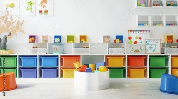 Fototapeta A kindergarten storage area in vector style features bright white base, colorful bins,open shelves, clean and simple design, and minimal clutter.