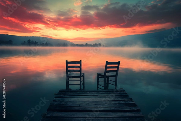 Fototapeta Two wooden chairs on a rustic dock overlooking a peaceful lake at sunset
