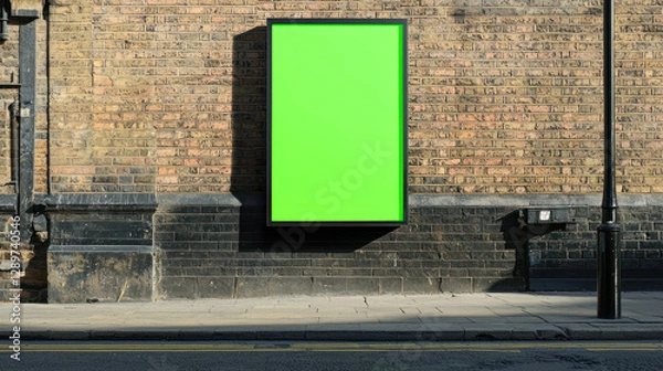 Fototapeta An Empty green screen billboard on brick wall in daytime setting