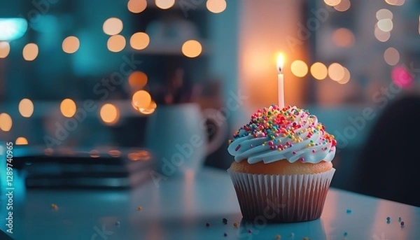 Fototapeta Colorful cupcake with sprinkles and a candle in an office setting, hinting at celebrations.