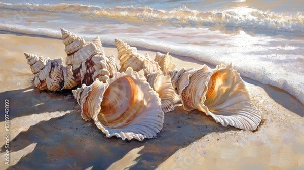 Obraz Seashells on sandy beach near ocean waves at sunset.