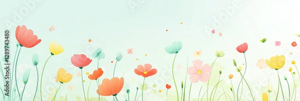 Fototapeta Colorful wildflowers blooming in a bright spring meadow illustration