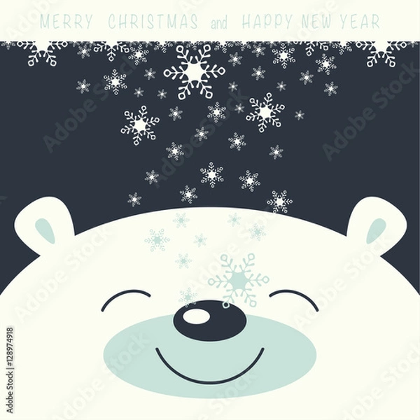 Obraz The cover design. Depicts face smile little polar bear on the dark background. The falling snowflakes on the face polar bear. Phrase merry Christmas and a happy New year.