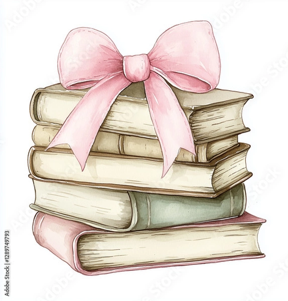 Fototapeta stack of old books with pink ribbon, watercolour clip art 
