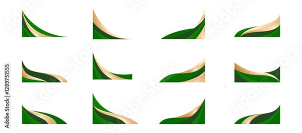 Fototapeta Gold and Green Wavy Shape Border and Corner Frame Vector Set Collection. Decorative Elements Corners, Borders, and Frames. Elegant Shape for Banners, Certificates, Invitations, and Covers Design