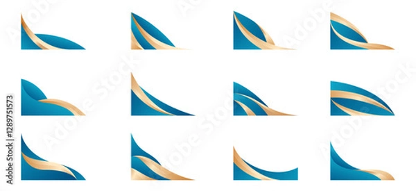 Obraz Gold and Blue Curved Wavy Shape Border and Corner Frame Vector Set Collection. Decorative Elements Corners, Borders, and Frames. Elegant Shape for Banners, Certificates, Invitations, and Covers Design