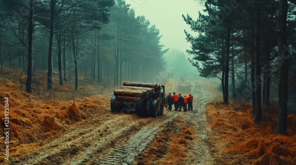 Fototapeta Workers in Bright Jackets Discussing Near Timber Logs on a Foggy Forest Road Surrounded by Green Trees