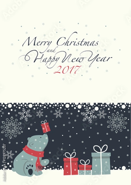Fototapeta The cover design. Depicts a seated little polar bear with gift box on the nose. Polar bear with the  red scarf.  Phrase merry Christmas and a happy New year on blue background on the white background.