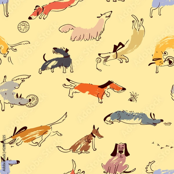 Obraz Hand drawn doodle cute dogs. Seamless pattern with plaing pets