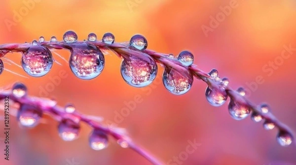 Obraz Dewdrops on plant stems reflecting autumn colors.