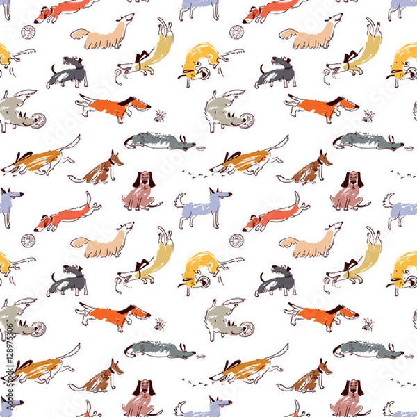 Obraz Hand drawn doodle cute dogs. Seamless pattern with plaing pets