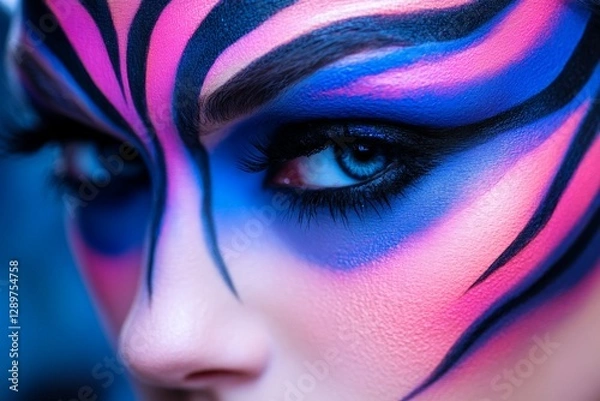 Obraz Striking close-up of vibrant face paint showcasing artistic patterns in bold colors