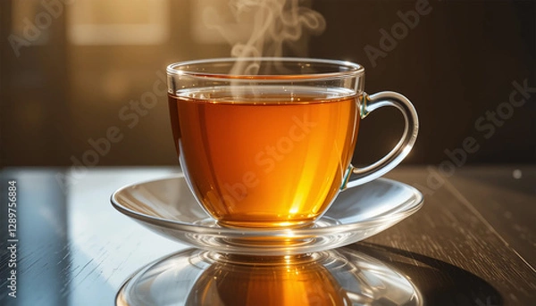 Fototapeta Elegant Clear Glass Teacup with Amber Tea – Sunlit Minimalist Design, Warm Tones, and Crisp Reflection