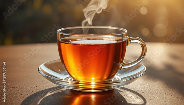 Fototapeta Elegant Clear Glass Teacup with Amber Tea – Sunlit Minimalist Design, Warm Tones, and Crisp Reflection