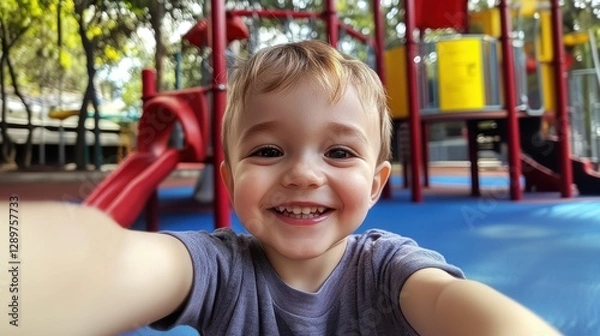 Fototapeta Happy child playing in playground in Spring