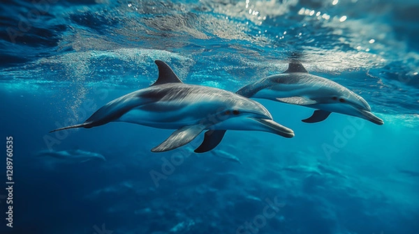Obraz Playful dolphins gliding through tropical waters with sunlight reflections