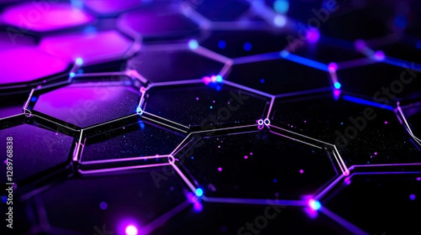 Fototapeta Neon-Pulsed Quantum Grid Nodes with 3D Abstract Geometry and Digital Particle Effects in Minimalistic Design
