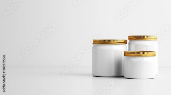 Fototapeta Minimalist jars with golden lids on clean surface, perfect for storage.