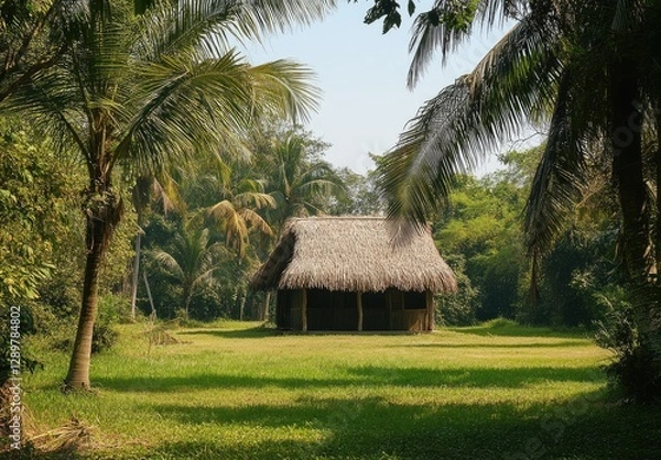 Obraz Tropical thatched hut in lush jungle clearing
