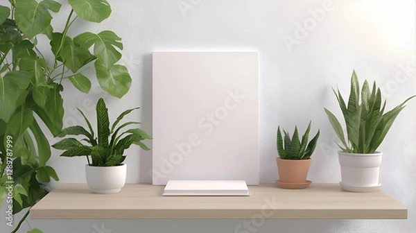 Fototapeta White Blank Canvas Mockup with Potted Plants on Wooden Shelf