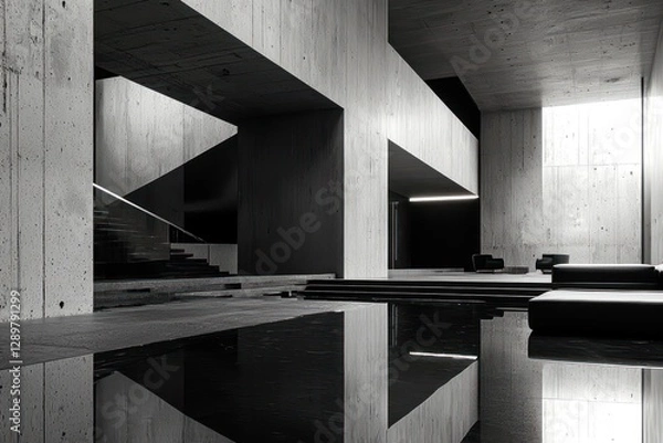 Fototapeta A modern architecture scene featuring brutalist elements combined with sleek, minimalistic furniture for a stylish, industrial living space