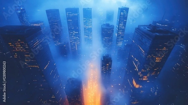 Fototapeta Futuristic Cyberpunk Cityscape at Night with Illuminated Skyscrapers and Neon Lights in a Misty Atmosphere