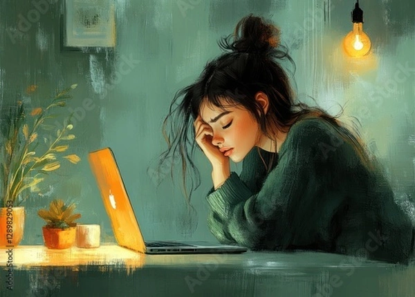 Obraz Frustrated woman at desk with head in hands feeling stressed and exhausted from work with headache and anxiety
