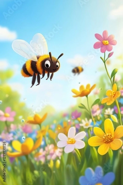 Fototapeta Bee flying with flowers in Spring field.