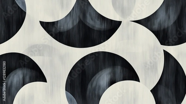 Fototapeta Abstract geometric pattern with circles and crescent shapes in shades of gray and white.