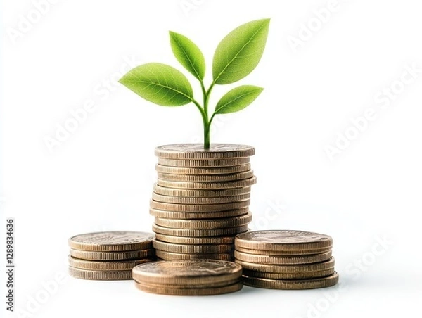 Fototapeta Growing Wealth: A Symbolic Stack of Coins with a Flourishing Plant
