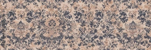 Fototapeta Seamless damask print in soft peach and navy tones, showcasing repeating borders and classic scrollwork,  vintage,  textured