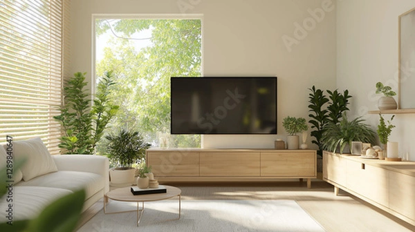 Fototapeta Serene Living Space: Modern interior of a bright living room features large windows framing a lush green outdoor view, plants, couch, Tv , creating a harmonious and relaxing atmosphere.