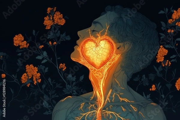 Fototapeta Anatomical Illustration of Human Heart in Art Nouveau Style with Glowing Heart and Floral Elements