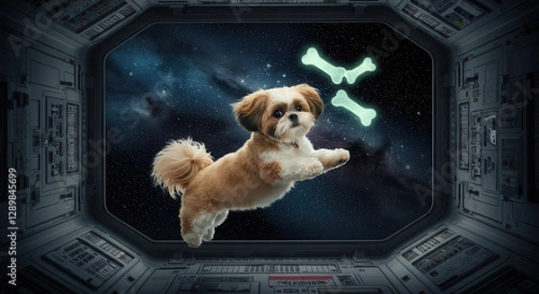 Fototapeta Cute Shih Tzu Dog in Zero Gravity Space Exploration Inside Spacecraft