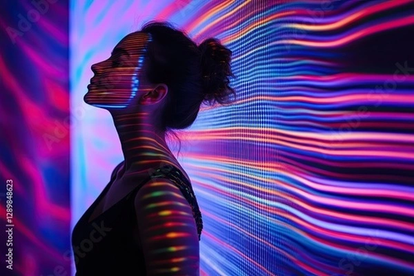 Fototapeta Woman experiencing interactive light installation art in immersive digital environment