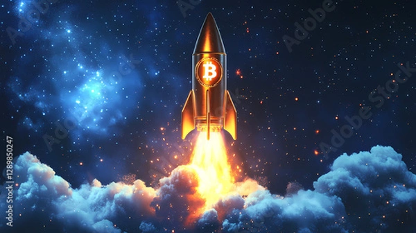Fototapeta Rocket with Bitcoin symbol launching in space