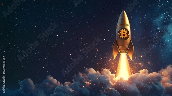 Fototapeta Rocket with Bitcoin symbol in blue starry sky