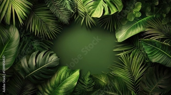 Obraz A tropical leaf border surrounds a blank rectangular space, providing the perfect frame for product displays or branding designs in a vibrant, natural setting.