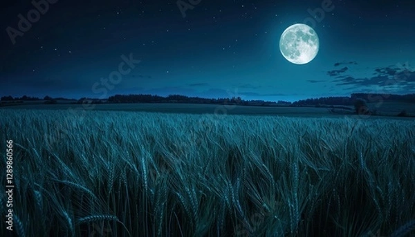Fototapeta A serene moonlit wheat field under the glow of a full moon in a tranquil countryside setting