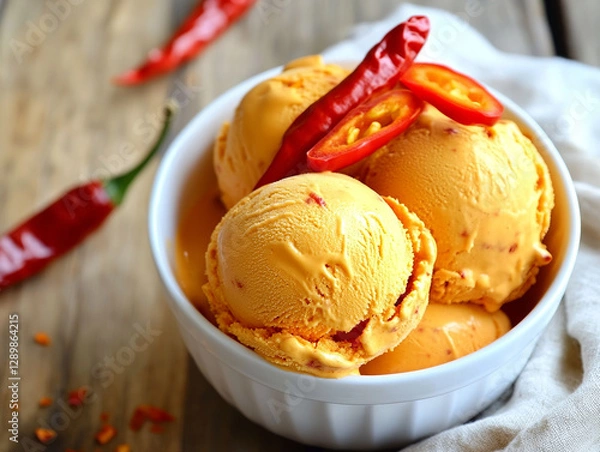 Fototapeta Bold red pepper ice cream with chili garnish and olive oil drizzle