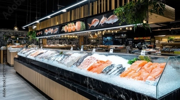 Fototapeta Fresh seafood display in a modern supermarket.  A variety of fish and salmon are displayed on ice in a glass-fronted refrigerated counter.  Well-lit, clean, and organized.