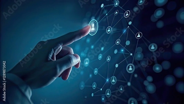 Fototapeta Futuristic Digital Network Interface with Hand Touching Virtual Connection