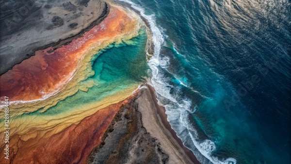 Fototapeta Stunning aerial view of colorful geothermal features and ocean waves