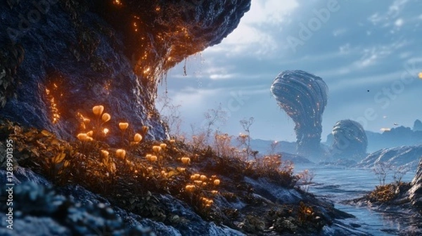 Fototapeta Glowing flowers, alien structures, and a tranquil waterway.