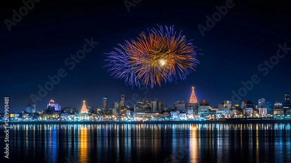 Fototapeta Vibrant Fireworks Display Over Illuminated Cityscape at Night