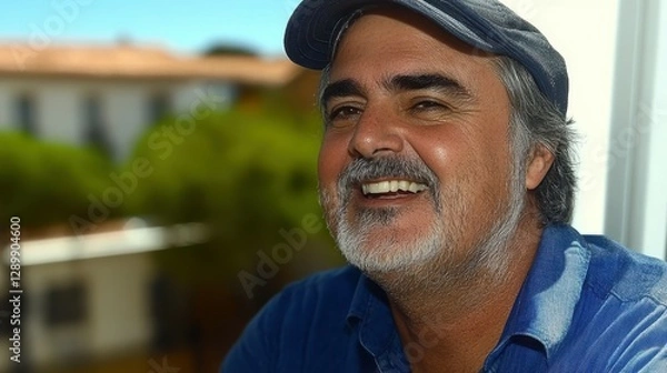 Fototapeta A man with a gray beard and cap smiles warmly while seated by a window. Sunlight filters in, illuminating his relaxed demeanor and the greenery outside. The atmosphere feels inviting and cheerful
