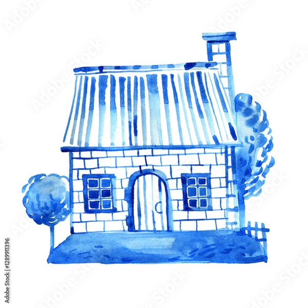 Obraz A cozy country house, depicted in blue watercolor, is located among greenery on a white background.